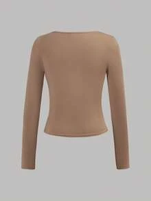 Girlism 4 piezas Camisetas de manga larga de cuello redondo de punto ajustado de un solo color para niñas preadolescentes, versátiles camisetas interiores para otoño/invierno - Caqui - Ver 11