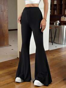 SHEIN EZwear Women Black Knitted Flared Leggings - Black - View 1