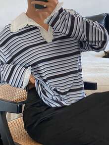 Livesso 女士高领荷叶边条纹T恤，秋冬长袖 - 藍色 - 查看 5