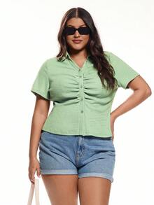 Solavibe Plus-Size Spring/Summer Casual Wear, Holiday And Date, Plus-Size Spring/Summer Casual Vacation Open-Front Knitted Textured Fabric Women's Shirt Collar Top, Summer Beach Wear, Back-To-School, Very Simple, Women's Country Style , Office Wear, Old-Fashioned Style, Teacher's, Date Wear, Graduation Season, Plus-Size Textured Fabric Shirt, Casual Date Green Top. - Green - View 1