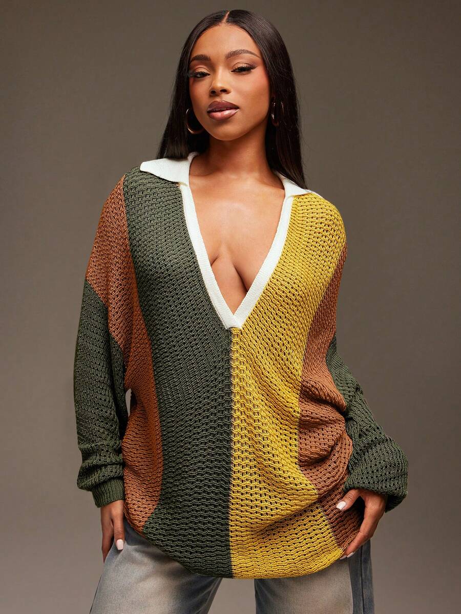 Denimoi 翻领宽松条纹针织长袖上衣，时尚街头风，秋冬必备单品 - 軍綠色 - 查看 1