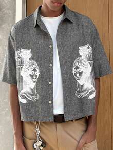 SWAVVY 男士时尚休闲纽扣衬衫，带罗马肖像印花 - 深灰色 - 查看 1