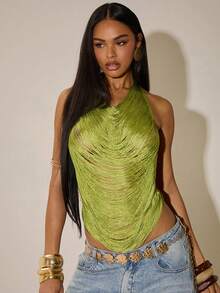 SHEIN BAE Women's Spring/Summer Beach Vacation/Holiday Cuban Avocado Green Heavy-Fit Drape Neck Sheer Fringe Halter Top - Perfect For Parties, Holiday Party, Beach Top, Date Nights, And Party Party,Carnival Women Look 2026,Spring Break Outfits,Summer Holiday Outfits - Green - View 5