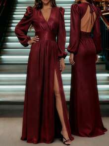 SHEIN LUNE V-Neck Lantern Sleeve Split Design Elegant Party Dress, Waist Cinched Slimming - Red - View 1