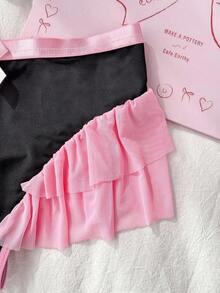 PetitDoll 2pcs Women Colorblock Bow Decor Ruffle Trim Lingerie Set - Black - View 4