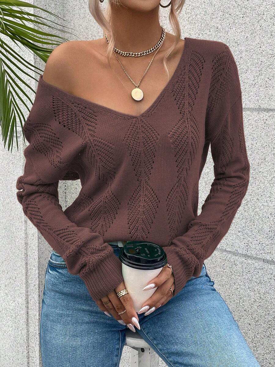 SHEIN LUNE Women's Casual Solid Color V-Neck Hollow Out Knitted Oversized Sweater, Autumn/Winter - Chocolate Brown - View 1