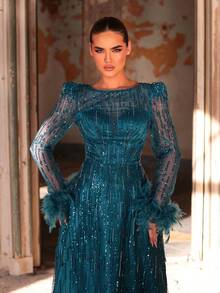 Aureia 优雅奢华的珍珠亮片网纱长袖连衣裙，适合婚礼、派对、度假、晚宴、正式场合（装饰繁复） - 湖藍色 - 查看 7