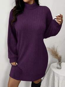 SHEIN Frenchy Casual Minimalist Turtleneck Ribbed Brushed Dress, Plus Size, Suitable For Leisure And Home, Autumn/Winter - Red Violet - View 6