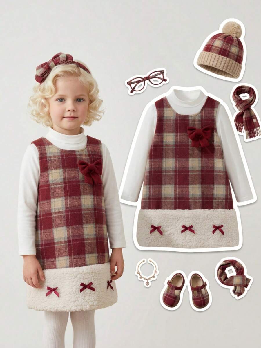 Souflis Kleine Mädchen 2 Stücke Set Winterkleidung für Kleine Mädchen, Lässig Daily Style Outfit für Ausflüge, ärmelloses Schleifendekor Kurzes Fleece Karokleid & einfarbiges langärmliges Grundoberteil - Rot - Übersicht 1