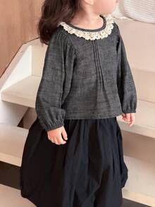 DAZY Toddler Girls' Round Neck Lace Patchwork Long Sleeve Faux Denim Korean Style Top - Grey - View 3
