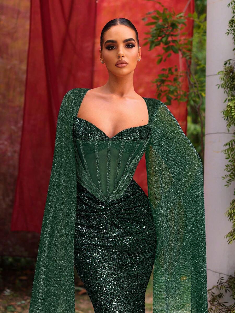 Glamrae Elegante y lujoso albornoz de sirena con mangas largas, bordado de lentejuelas negras, cierre de cremallera en la espalda, cintura ajustada y falda acampanada, adecuado para bodas, galas, eventos formales, conciertos y otras ocasiones para damas de alta gama - Verde Oscuro - Ver 1
