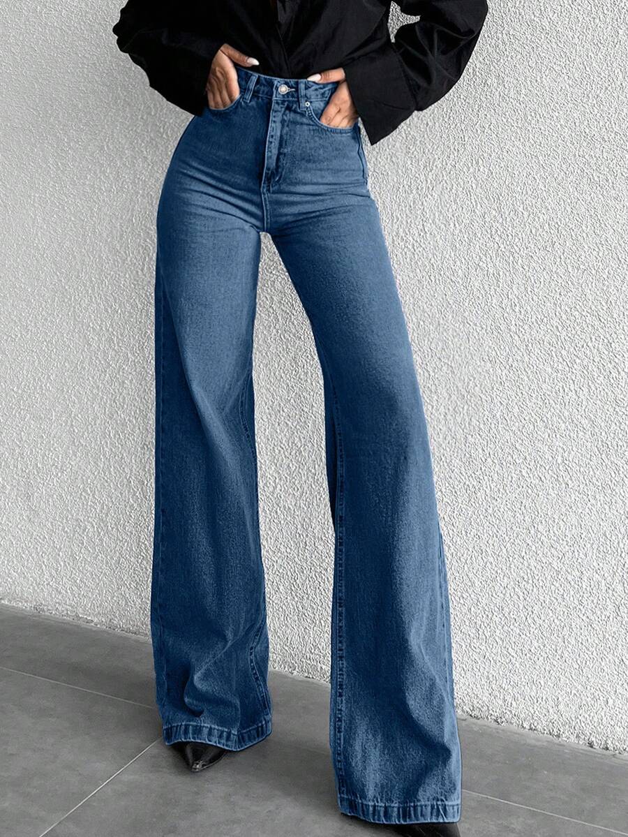 SHEIN Calça jeans de cintura alta e pernas largas, 100% algodão, tamanho TALL. - Lavagem Média - Ver 1