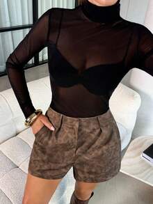 Lavishia 女士复古棕色PU皮短裤，通勤款 - 咖啡棕 - 查看 6