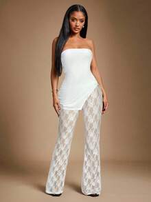 Radiana Bộ đồ ren trắng 2 món gợi cảm và thanh lịch dành cho nữ, gồm áo bandeau gân dày và quần ống loe ren, vải co giãn cao ôm sát cơ thể, thích hợp cho các buổi hẹn hò, tụ tập, tiệc tùng, câu lạc bộ, cuộc sống về đêm - trắng - Xem 5