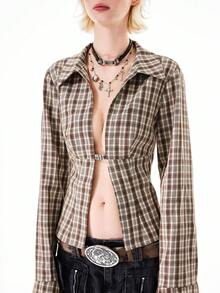 Bloopia 女士格子束腰金属钩开衫 - 棕色 - 查看 4