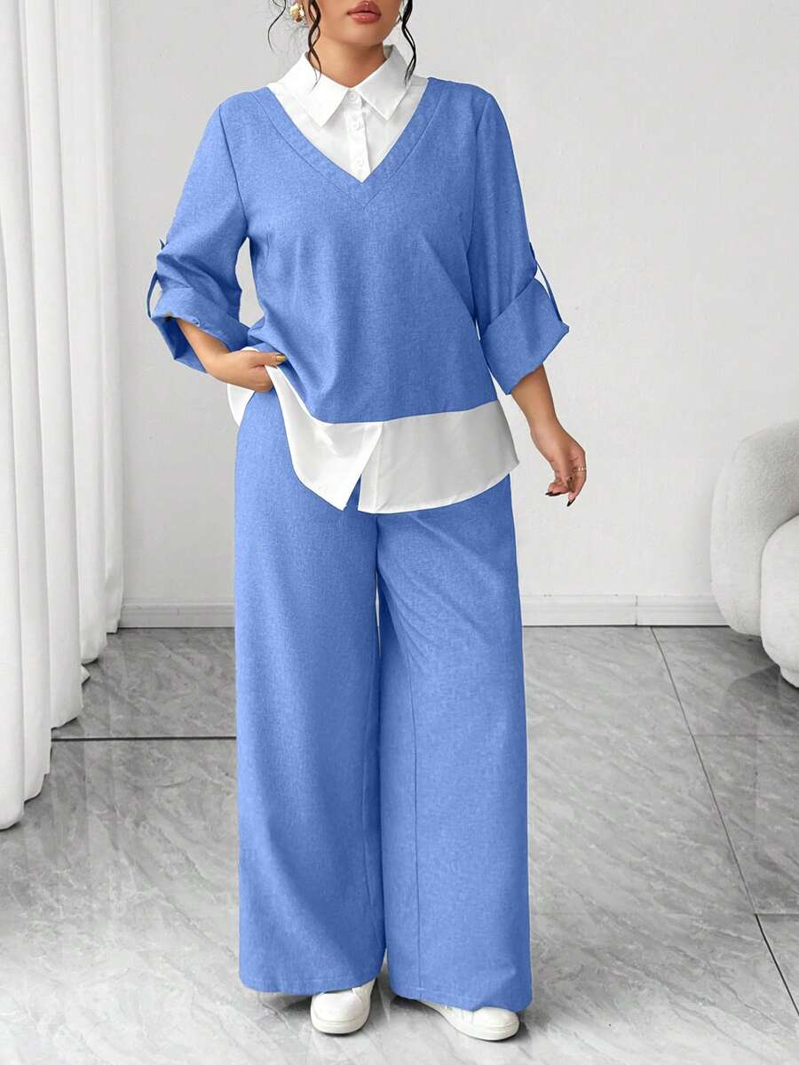 Elenzga 大码女式二合一袖口衬衫和阔腿裤休闲套装 - 水鴨藍 - 查看 1