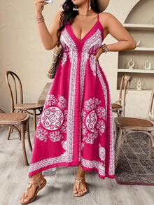 Weeklong Vestido de tirantes asimétrico con estampado vintage para talla grande, estilo vacacional - Rosa Fucsia - Ver 1