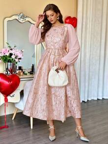 Vionelle 大码女式花卉提花圆领灯笼袖褶皱优雅连衣裙 - 粉色 - 查看 3