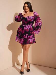 SHEIN BAE Bộ đồ liền thân rộng rãi cổ vuông in hoa tay loe cỡ lớn dành cho nữ - Màu tím - Xem 6