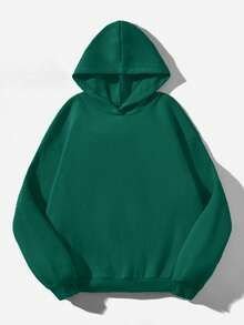 SHEIN EZwear Casual Minimalist Green Hooded Loose Fit Thick Sweatshirt For Women, Autumn/Winter - Dark Green - View 2