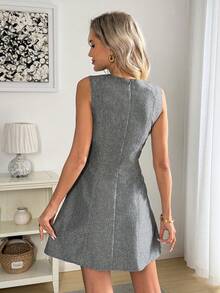 Easowa Đầm mini dáng chữ A không tay màu nâu da PU dành cho nữ, trang phục thu đông cho ngày Valentine, đầm thanh lịch, đầm mùa hè, trang phục đi nghỉ mát, trang phục mùa hè cho nữ, đầm không tay, đầm xám, đầm xòe, đầm ngắn thanh lịch, đầm chữ A, đầm bạc thanh lịch, trang phục mùa xuân, quần áo thường ngày. - Xám - Xem 5