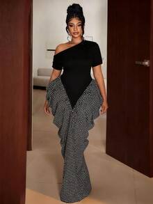 Maweii Robe à manches asymétriques froncées avec imprimé à carreaux et ceinture à la taille, convient pour les fêtes, Halloween, Thanksgiving, Noël, printemps/été/automne/hiver, mode, élégante, décontractée, bureau, rendez-vous - Noir - Voir 5