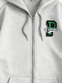 Sudadera con capucha de cierre  con estampado de letra P y texto College para uso casual y estilo universitario - Gris - Ver 9