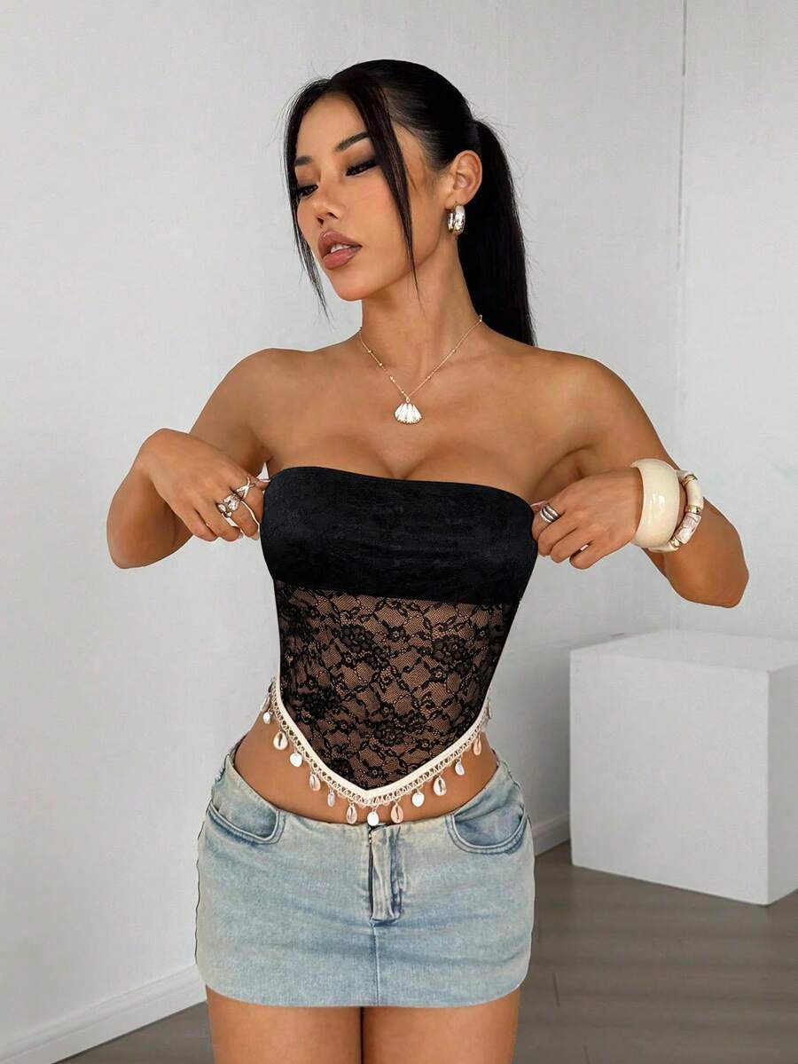 SHEIN EZwear 女士黑色露脐透视抹胸不对称下摆流苏性感露脐上衣 - 黑色 - 查看 1