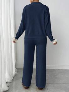 Modelyn Damen Herbst/Winter sanfter Kontrast Spitzen Langarm Pullover und gestrickter Hosen Set - Königsblau - Übersicht 2