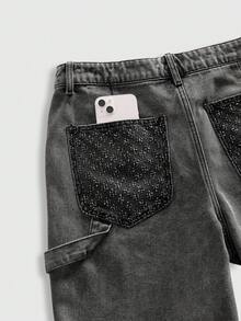 ROMWE MEN Essentials Quần short denim đa năng bỏ túi thường ngày dành cho nam - màu đen - Xem 5