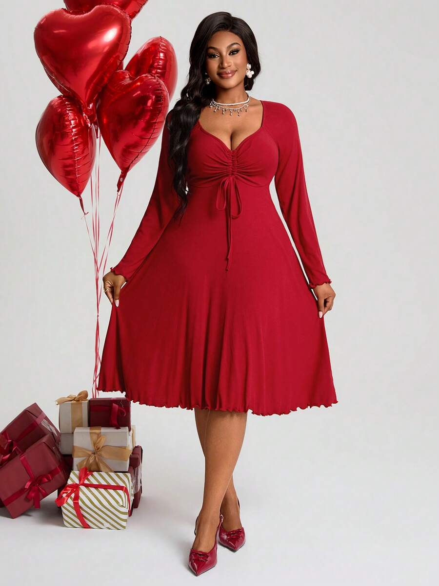 BrightlyHer Women's Solid Color Long Sleeve Fitted Plus Size Dress/Valentine's Day,Spring - Red - View 1