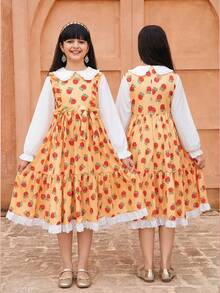 Robe à manches longues col rond pour filles avec poignets élastiques, imprimé numérique rose orange, ourlet plissé avec dentelle, style casual, polyvalent et mode princesse - Jaune citron - Voir 7