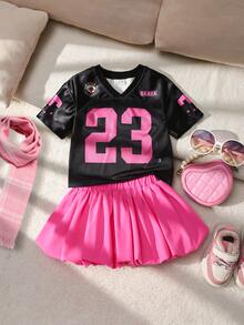 SHEIN Playful Pals 2pcs Baby Girl Cute Summer Black Pink Football Jersey Number 23 Print T-Shirt & Puffy Bubble Tutu Skirt Set,Vacation Cheerleader Sporty Outfit Clothes - Multicolor - View 2