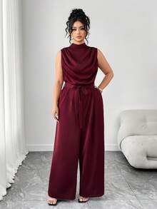Elenzga Bộ đồ liền thân không tay cổ cao xếp ly cỡ lớn dành cho nữ - Màu Đỏ Sâu - Xem 3