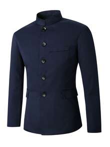 Manfinity Mode 男士纯色长袖单排扣休闲商务西装外套，男士休闲西装，皇家蓝西装外套，男士西装外套，适合各种场合，包括日常休闲、周末旅行、户外活动、探险旅行、轻松的工作环境或半正式场合，也是送给男友/丈夫、周年纪念日或圣诞节的理想礼物。 - 藏蓝色 - 查看 3