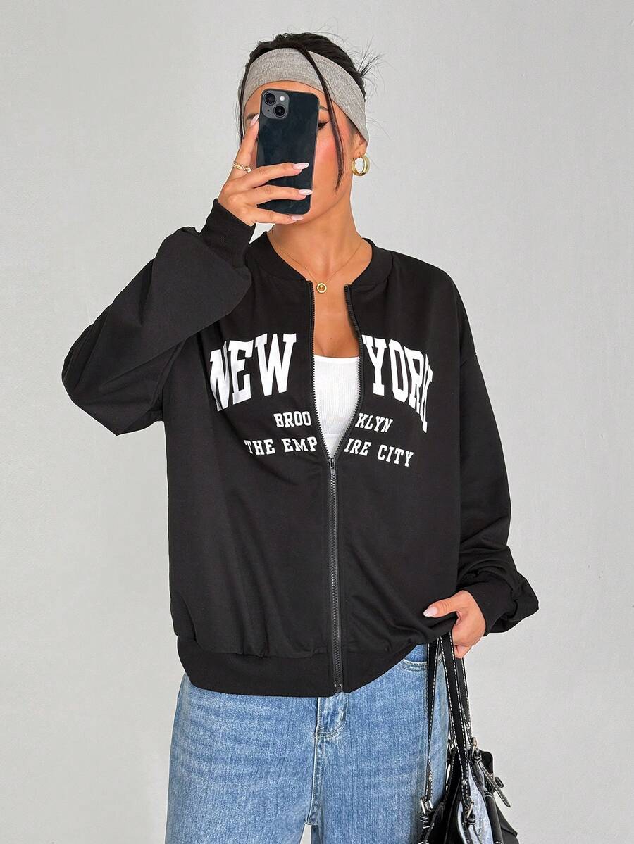 Dewbera Women's Baseball Collar Slogan Print Zip Front Long Sleeve Casual Versatile Sports Jacket Work Out Jacket Jacket Gym New York Outfits Zip Up Hoodie Women Bbl Gym Jacket - Black - View 1