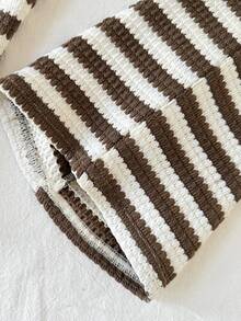 SHEIN 少女休闲度假街头风不对称肩部提花条纹修身短款T恤和配套直筒条纹针织裤套装，返校季穿搭 - 棕色 - 查看 5