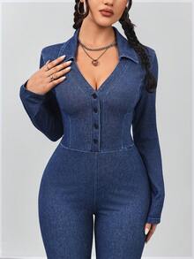 Flexra Women's Casual Commuter Slim Fit Denim Jumpsuit - Blue - View 7
