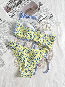 Swim Mod 2026新款女士泳装上市，可爱花卉格子拼接女士泳装套装，适合上学、度假、约会、下午茶、西式、邮轮、海滩、海岛、公路旅行、四季皆宜、音乐节、波西米亚风度假、秋日休闲、西部波西米亚风、优雅女士上衣，格子比基尼，系带比基尼套装，度假比基尼套装，波点比基尼图案比基尼套装，夏季泳装，花卉比基尼，蝴蝶结比基尼，波点比基尼，黄色花卉比基尼 - 彩色 - 查看 5