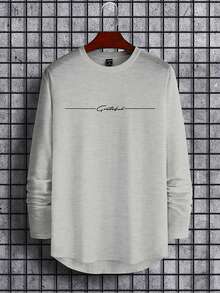 Manfinity Homme 男士字母印花圆领长袖休闲百搭T恤 - 灰色 - 查看 3