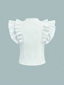 SHEIN Tween Girl Ruffled Layered Cap Sleeve Blouse, Elegant Luxurious White Blouse, Princess Style Suitable For Wedding Season - White - View 2