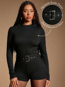 Radiana Women's Sexy Comfortable Casual Minimalist Black High Elastic Knit Turtleneck Long Sleeve Jumpsuit, Autumn/Winter Base Layer Sheinblackfriday;Dark Academia; - Black - View 1