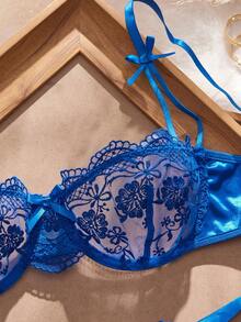 SHEIN 2pcs Women's Burgundy Romantic Embroidery Lace-Up Thong Lingerie Set Lace Bra Set Lace Blue Lingerie Blue Bra And Panty Set Blue Satin Lingerie Royal Blue Lingerie Set