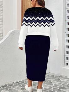 EMERY ROSE Plus Size Women Casual Color Block Sweatshirt Dress 2 Pieces Set, Autumn/Winter - Royal Blue - View 2