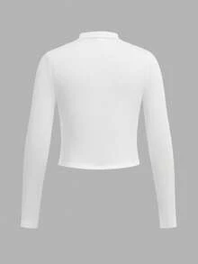 SHEIN Girlism 少女纯色白色米色黑色三件套休闲拉链高领罗纹长袖T恤套装，适合秋冬季节，日常休闲穿着，非常适合休闲、日常穿着和上学穿着。 - 藏蓝色 - 查看 6
