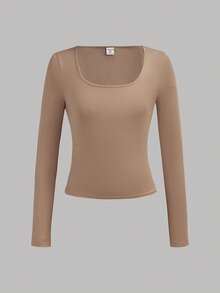 Girlism 4 piezas Camisetas de manga larga de cuello redondo de punto ajustado de un solo color para niñas preadolescentes, versátiles camisetas interiores para otoño/invierno - Caqui - Ver 7