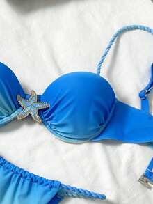 Swim Vcay 2件套渐变随机印花绳饰蓝色海星钢圈比基尼泳衣套装，性感女士夏季度假 - 彩色 - 查看 6