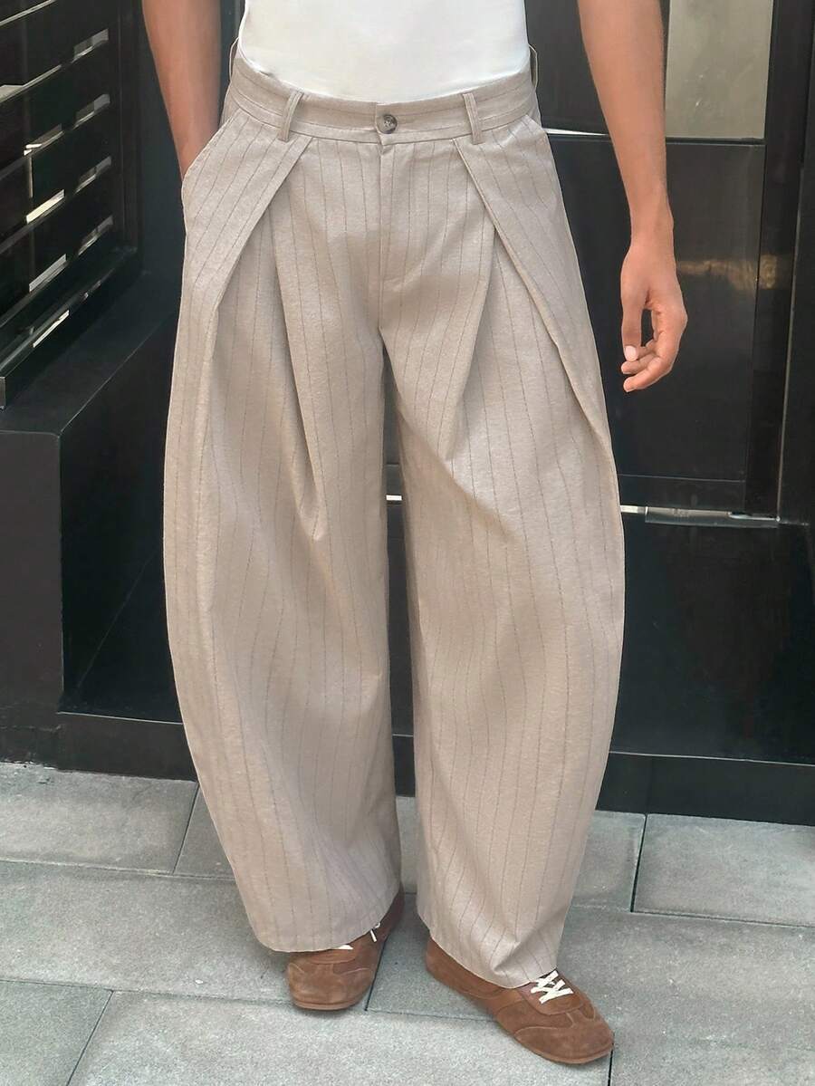 SWAVVY 男士条纹口袋宽松休闲阔腿裤 - 卡其色 - 查看 1