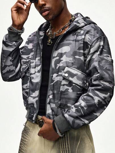 sweat-shirt à capuche zippé décontracté de style urbain camouflage pour hommes, automne/hiver