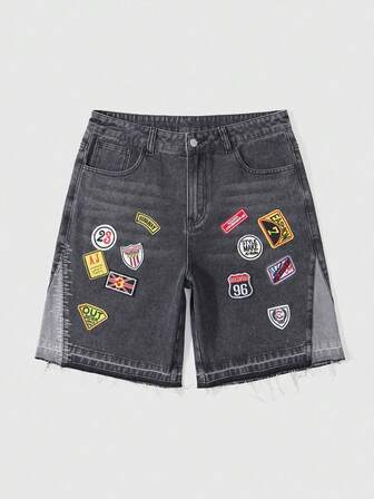 Prep Men's Street Life Letter Embroidery Patch Pocket Frayed Hem Casual Denim Shorts